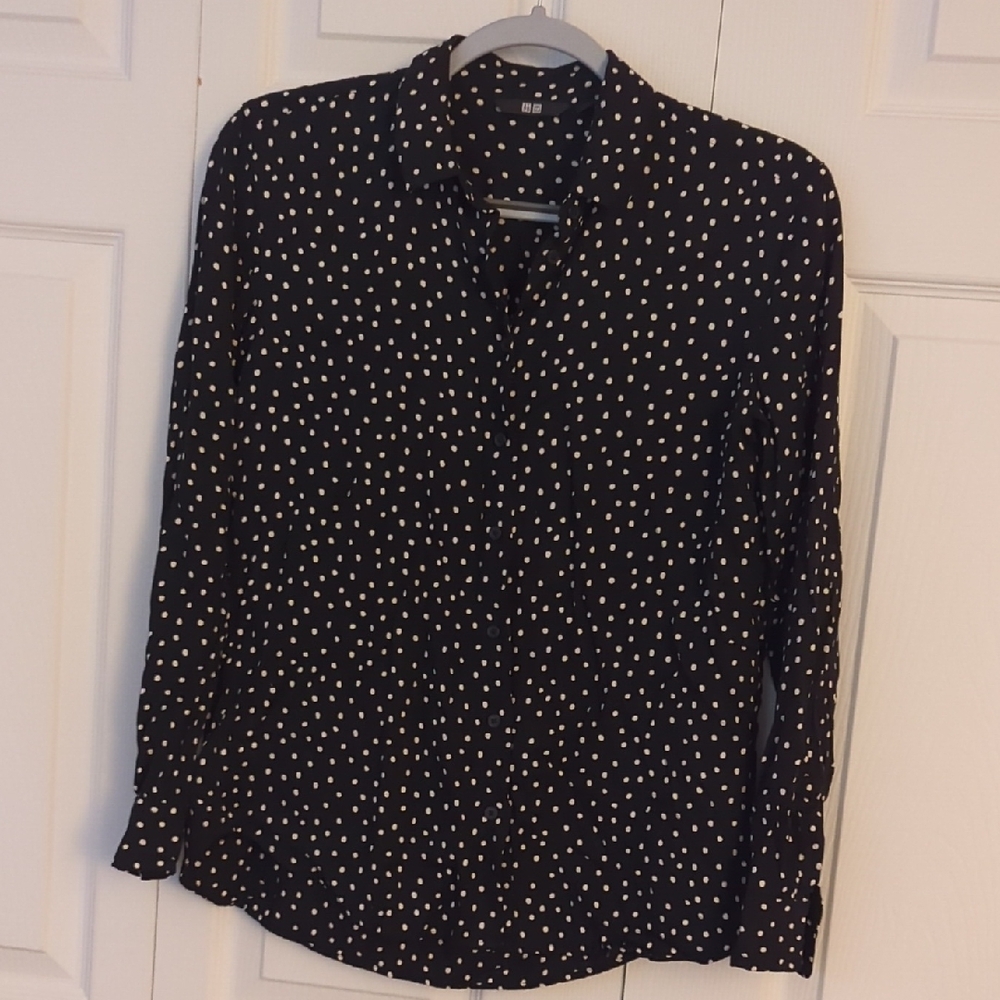 Uniqlo Black Blouse with White Dots